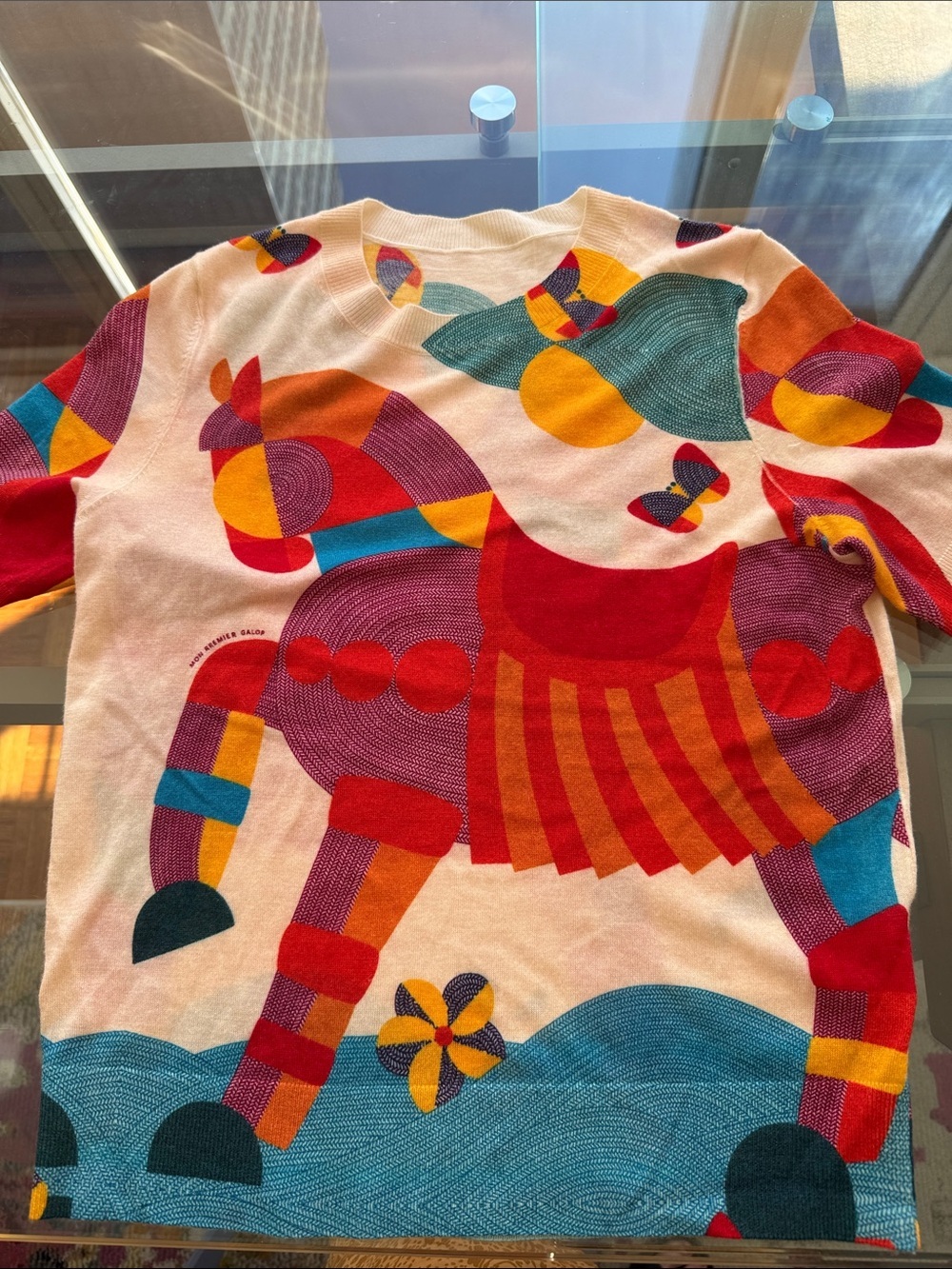 100% Merino Wool Colorful Knit Short Sleeve Women’s Equestrian Sweater.